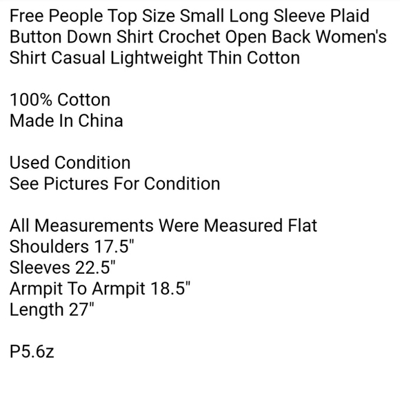 Free People Top Size Small Long Sleeve Plaid Button Down Shirt Crochet Open Back - Picture 6 of 6